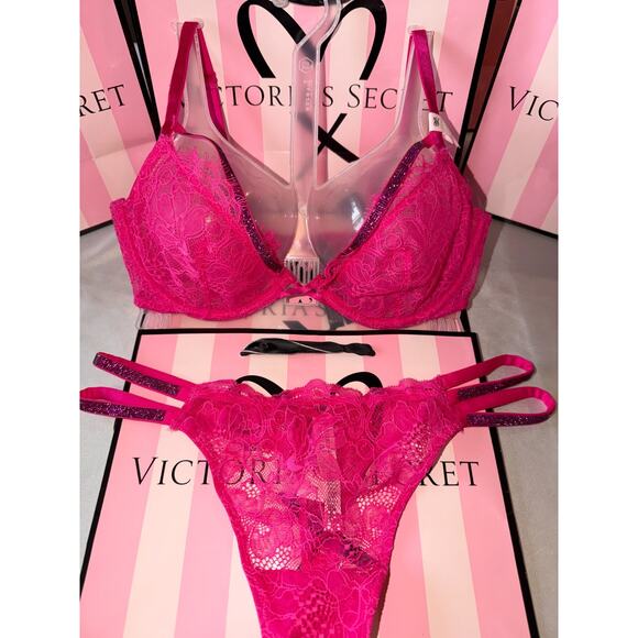 Victoria's Secret Other - Victorias Secret Bra Very Sexy Bling Strap Set Pink Fusia 32B Small Thong